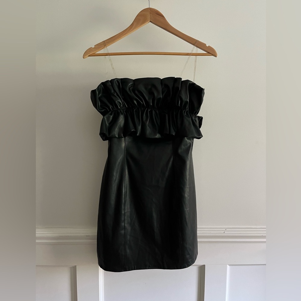 Strapless Faux Leather Ruffle Dress